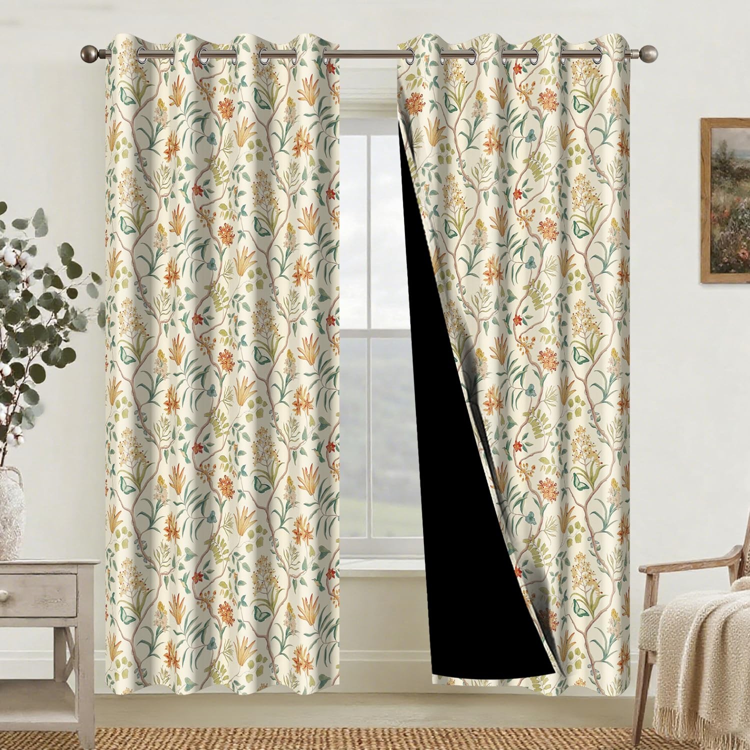 Blackout Curtains 52 x 63 Inches 2 Panels, Watercolor Wildflower & Vine Print…