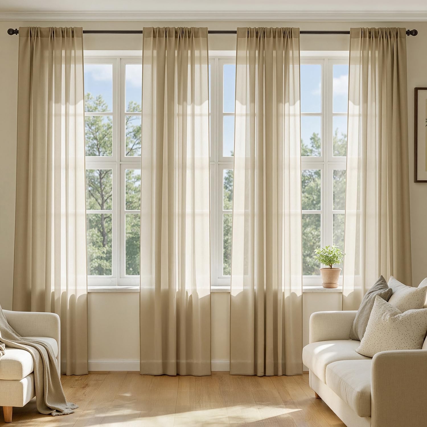 MIULEE Beige Sheer Curtains 72 Inches Long, 4 Panels Set, Rod Pocket Voile