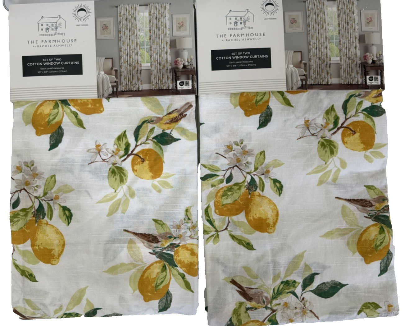 New Rachel Aswell The Farmhouse Lemon Tree Birds Drapes 50″ x 84 Set of 4