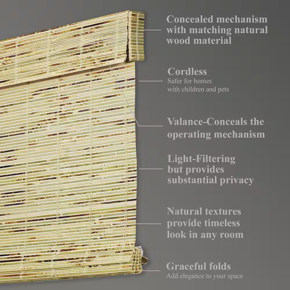 Natural Woven Light Filtering Cordless Bamboo Roman Shades for Windows, 29 In. W
