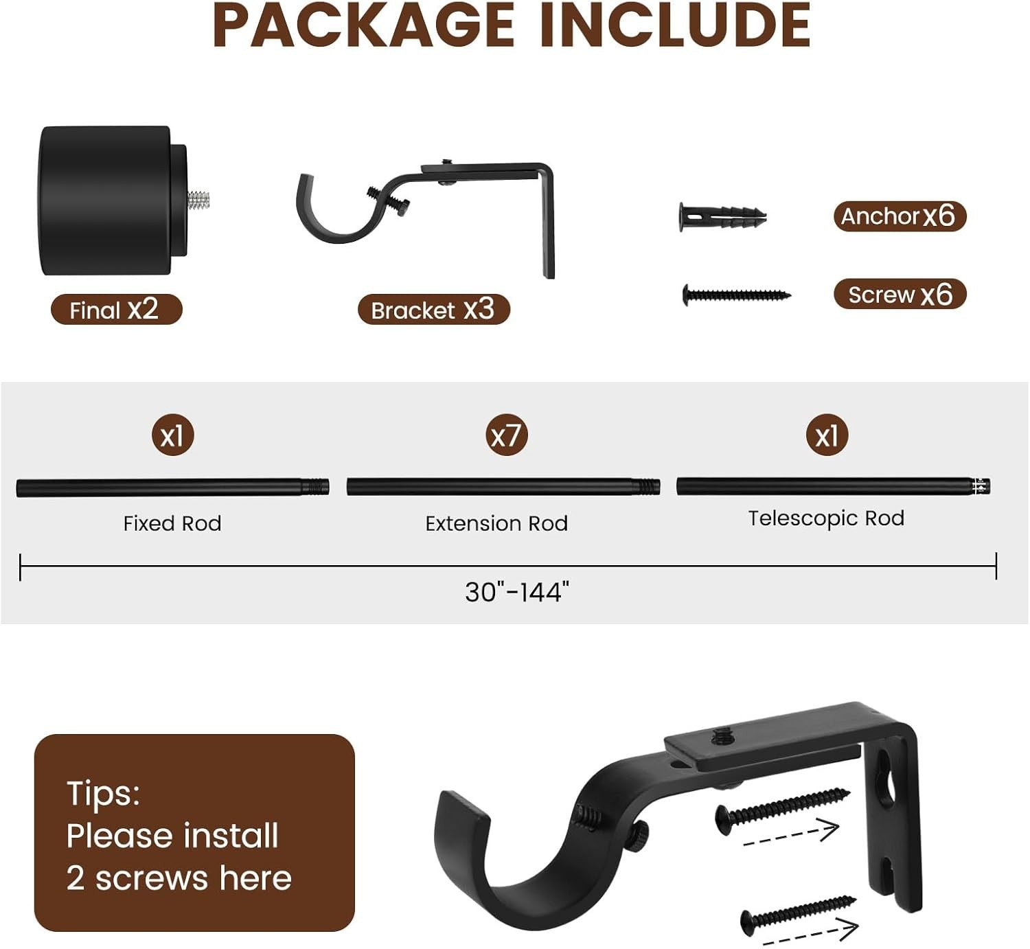Heavy Duty Matte Black Curtain Rod, 30-144 Inch – Sturdy and Elegant Design