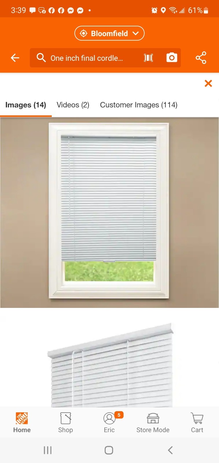 1″ Cordless Vinyl Light Filtering Mini Blinds, White, 34″ W x 64″ L