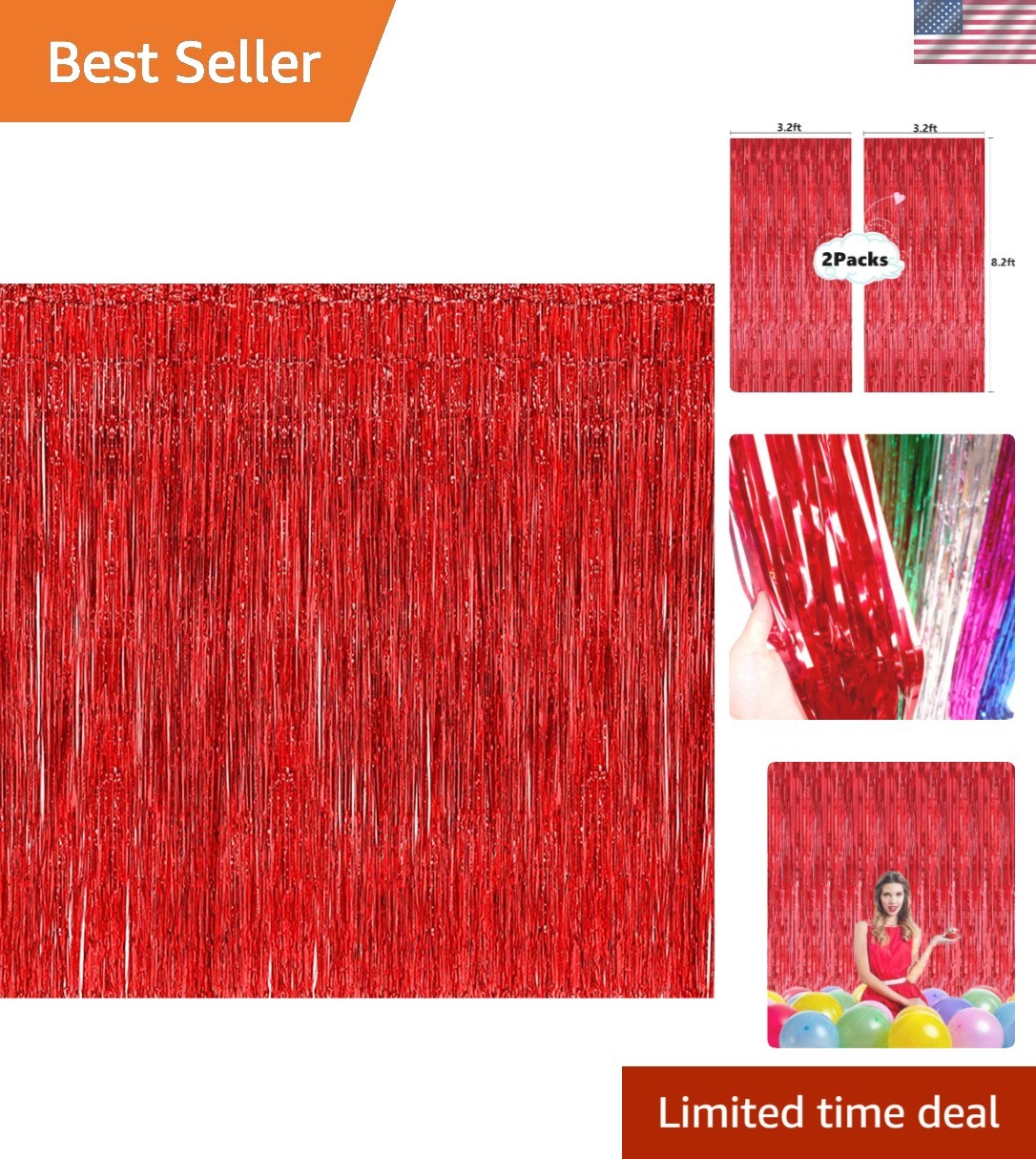 2 Pack 3.2ft x 8.2ft Red Metallic Tinsel Curtains – Instant Party Transformation