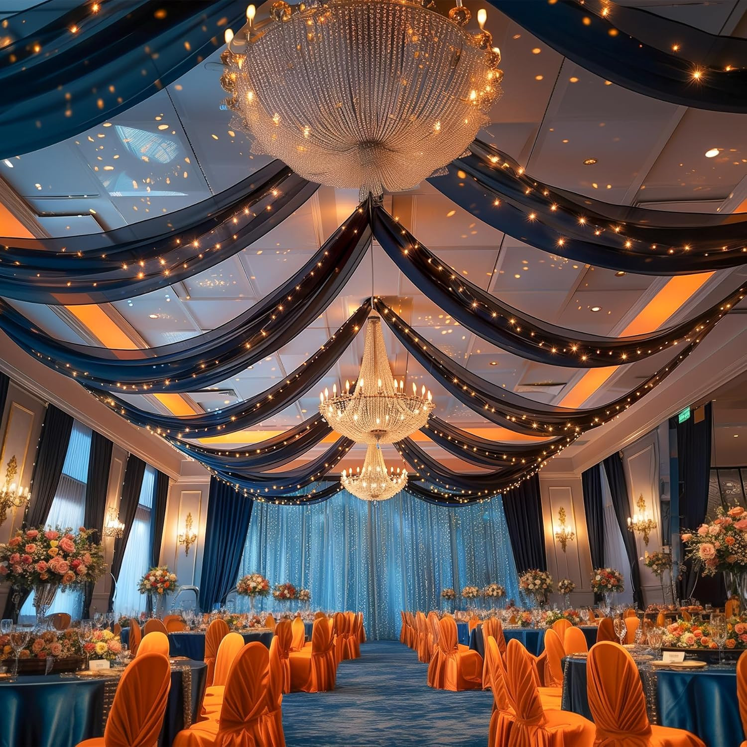 Black Ceiling Curtains with Lights – 6 Panels Tulle Drapes for Weddings 5x20ft