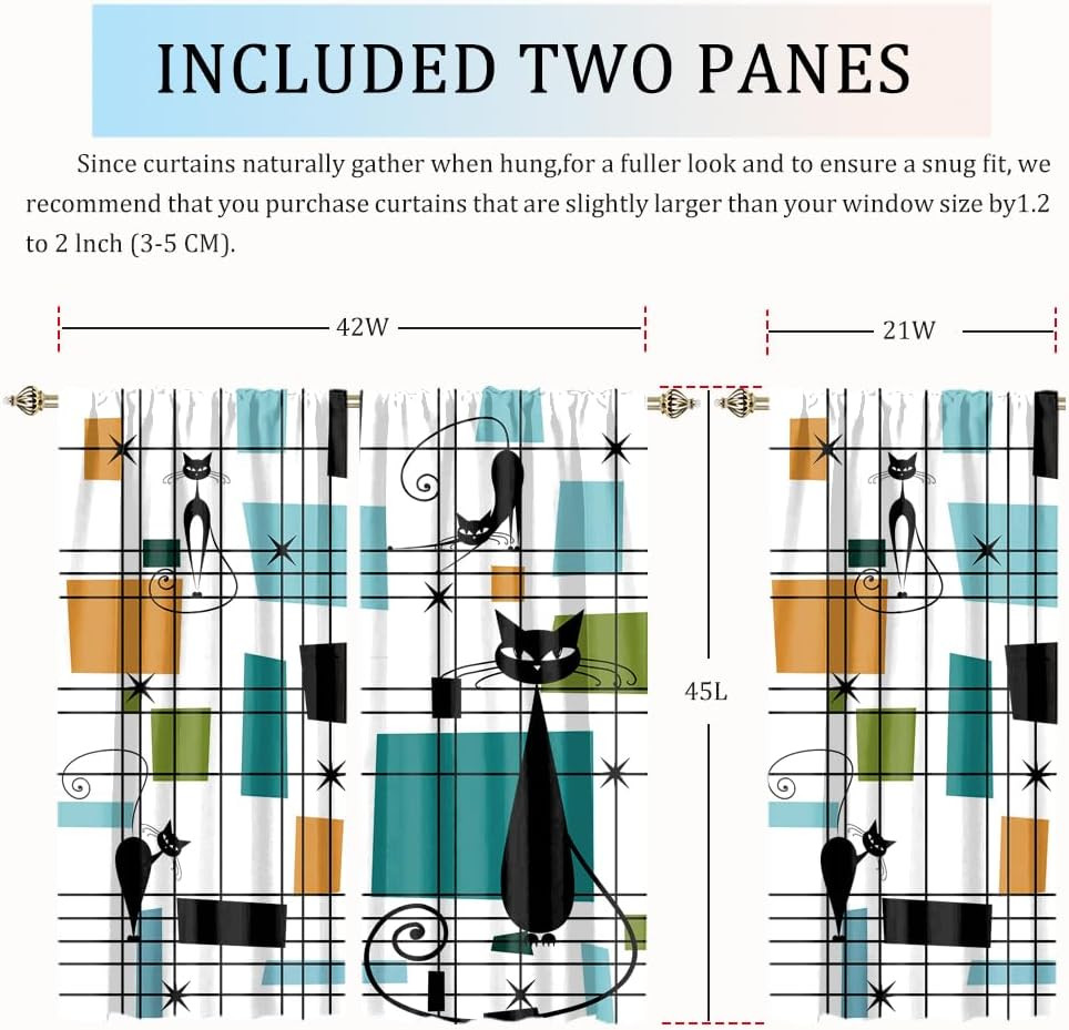 Modern Mid Century Black Cat Blackout Curtains,Abstract Rainbow Colorful Geometr