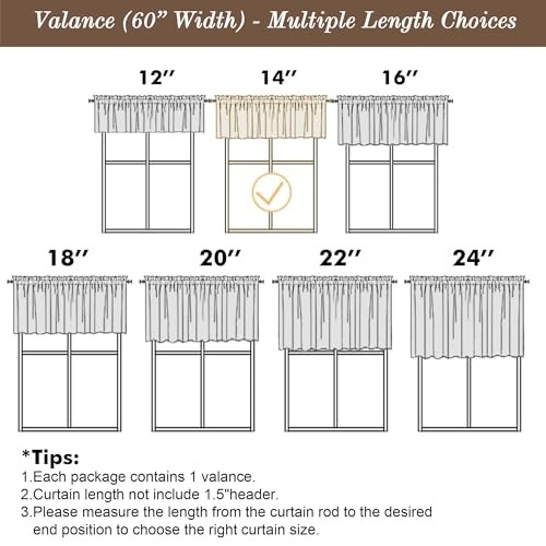 Valance for Windows, Light Filtering Faux Linen 60″W x 14″L (Pack of 1) White