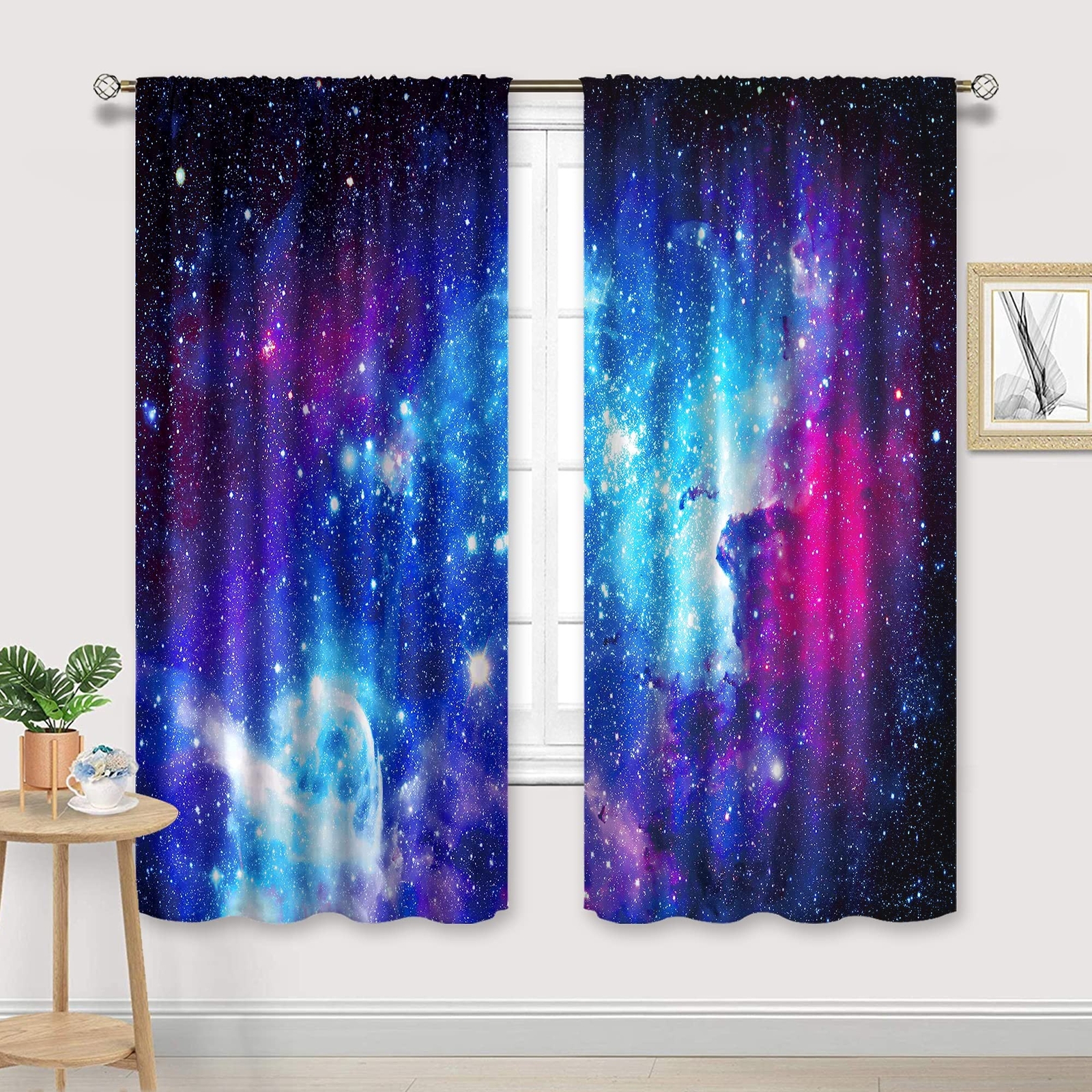 Riyidecor Galaxy Outer Space Nebula Curtains (2 Panels 42 x 72 Inch) Blue Rod…