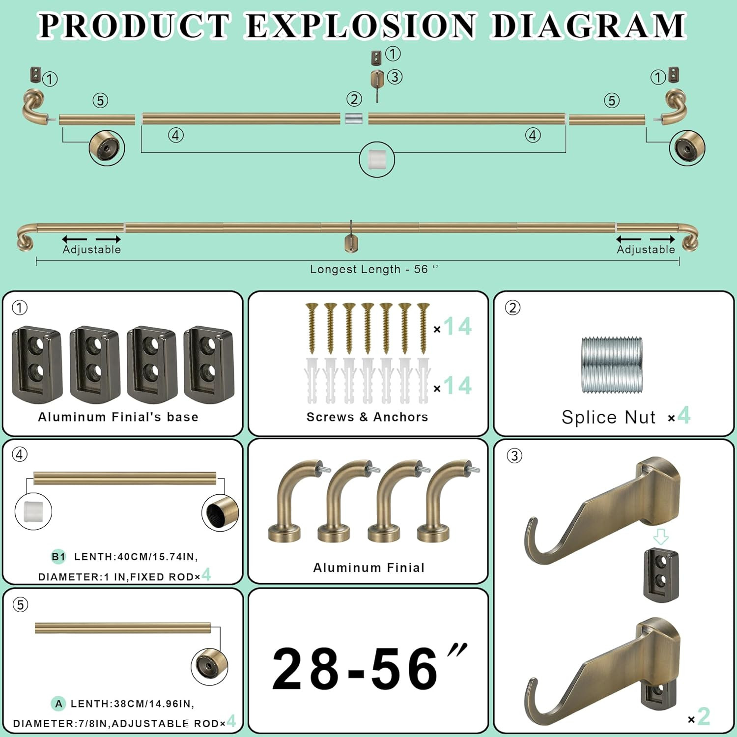Antique Bronze Adjustable Curtain Rods 28-56″ with Finials – 2 Pack
