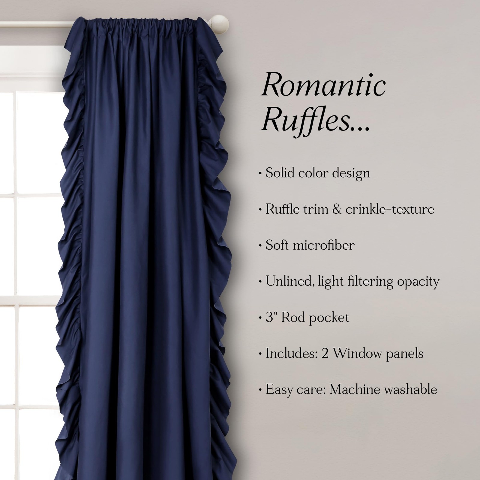 Reyna Ruffle Window Curtain Set, Pair, 137.2cm W x 213.4cm L, Navy Blue, Fl…