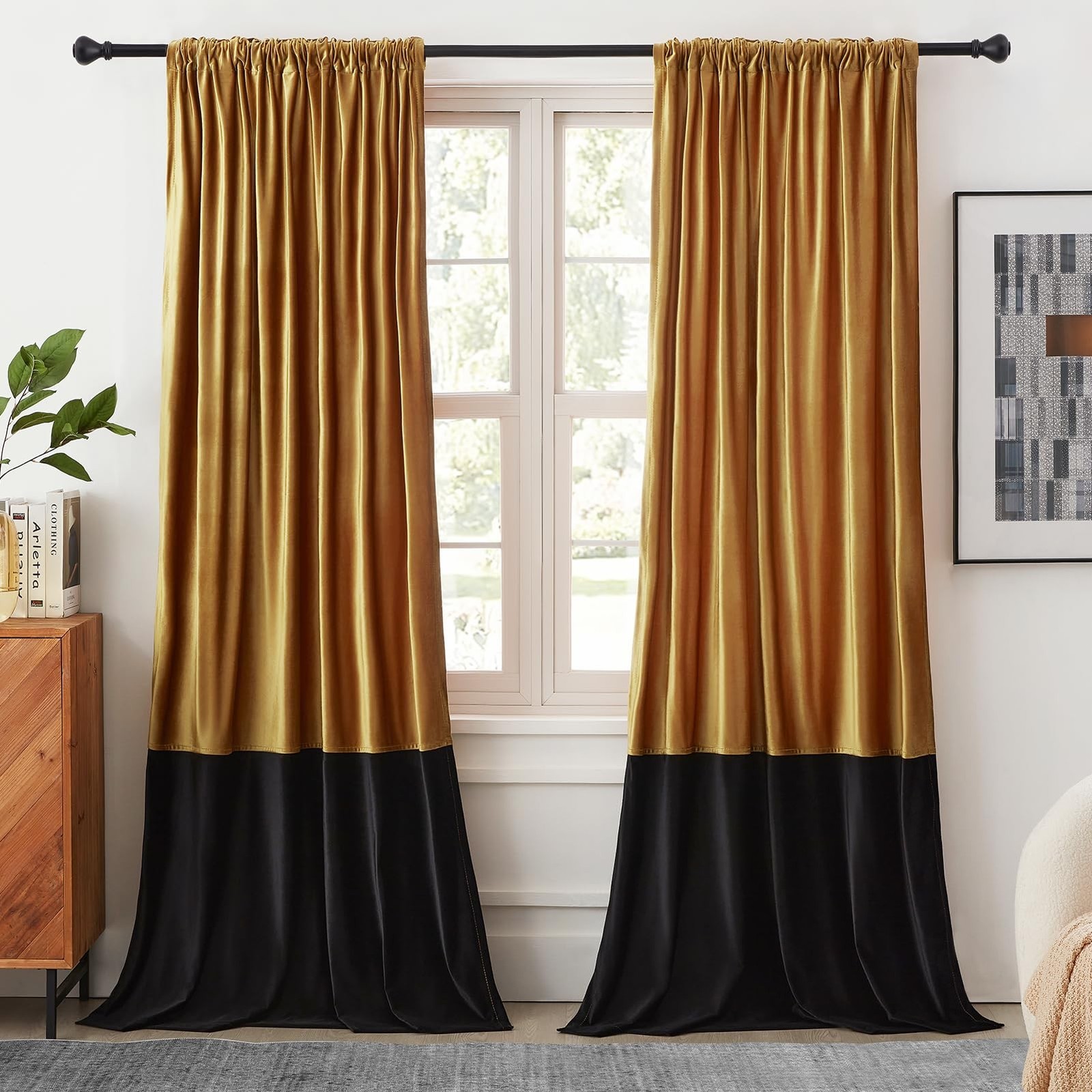 BULBUL Luxury Gold Black Velvet Blackout Curtains 96 Inches For Living Room