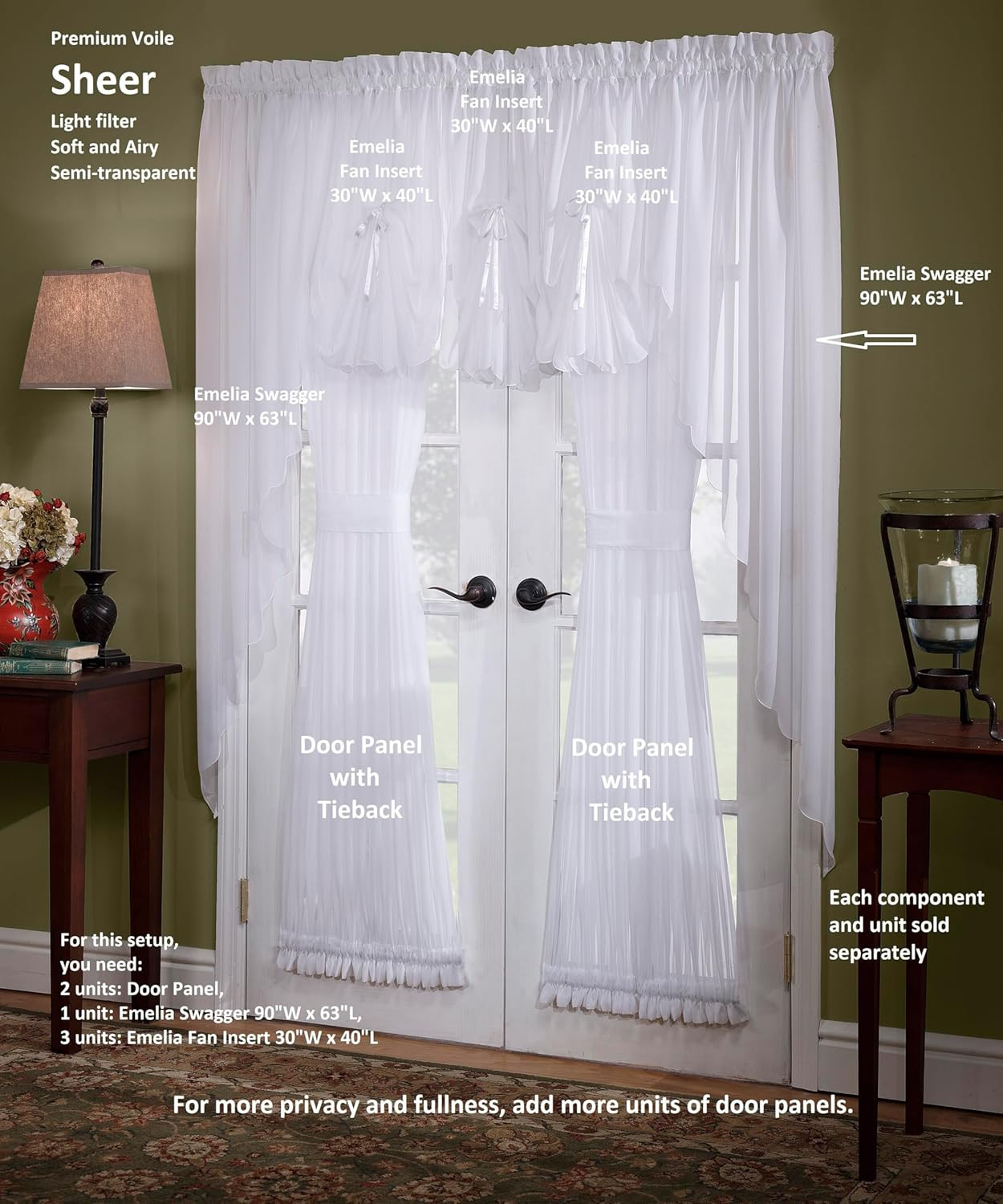 , Emelia Door Panel Sheer 40″, White, 41″ W X 40″ L, with Tieback