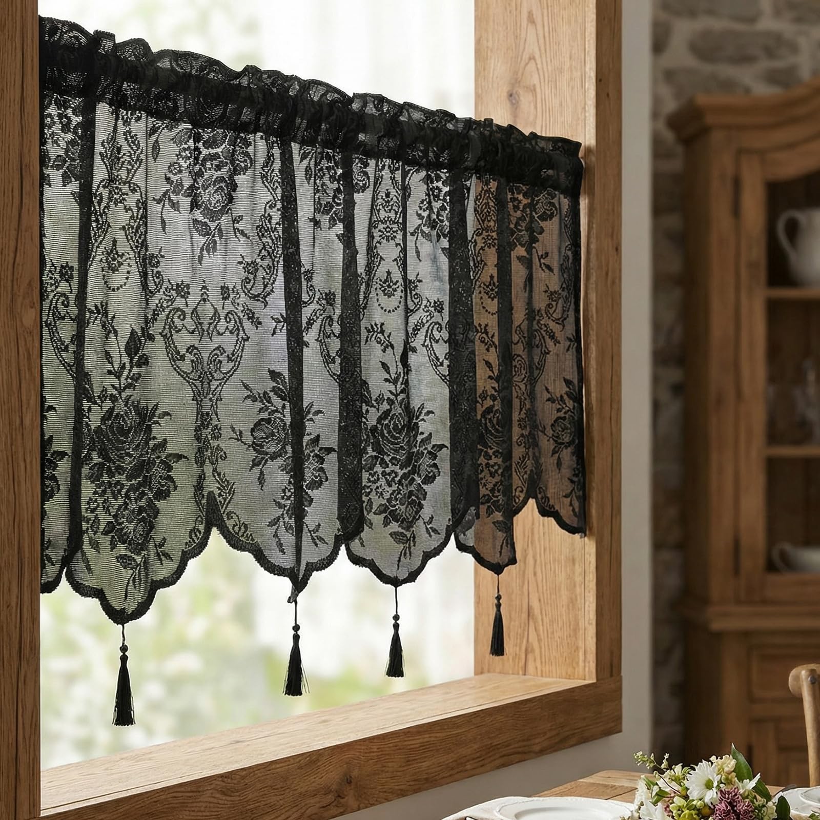 Homey Sheer Embroidered Flowers Vine Valance Window Treatment