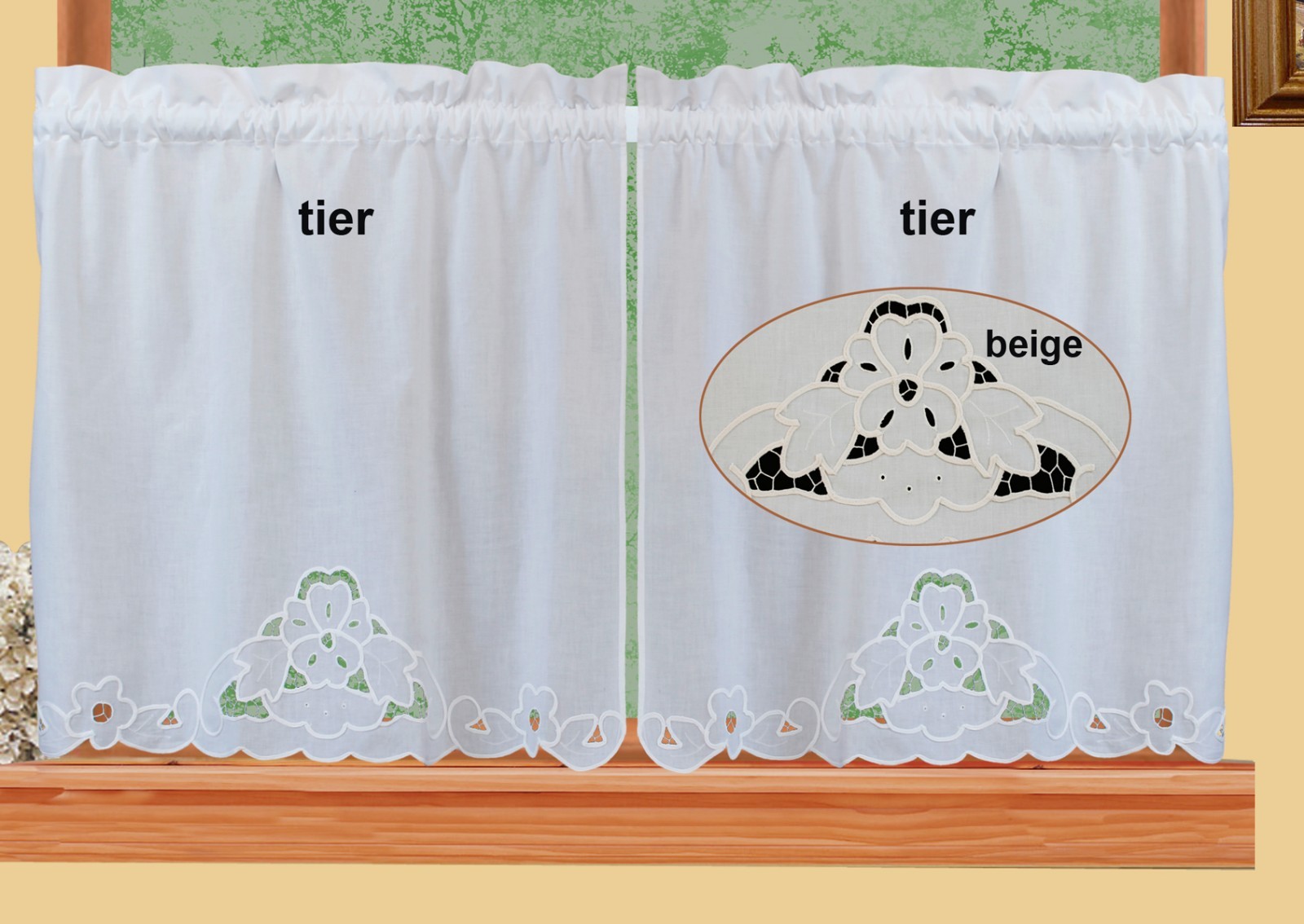 Cutwork Kitchen Curtain Valance, Tier, Swag White or Beige #501 SILKE