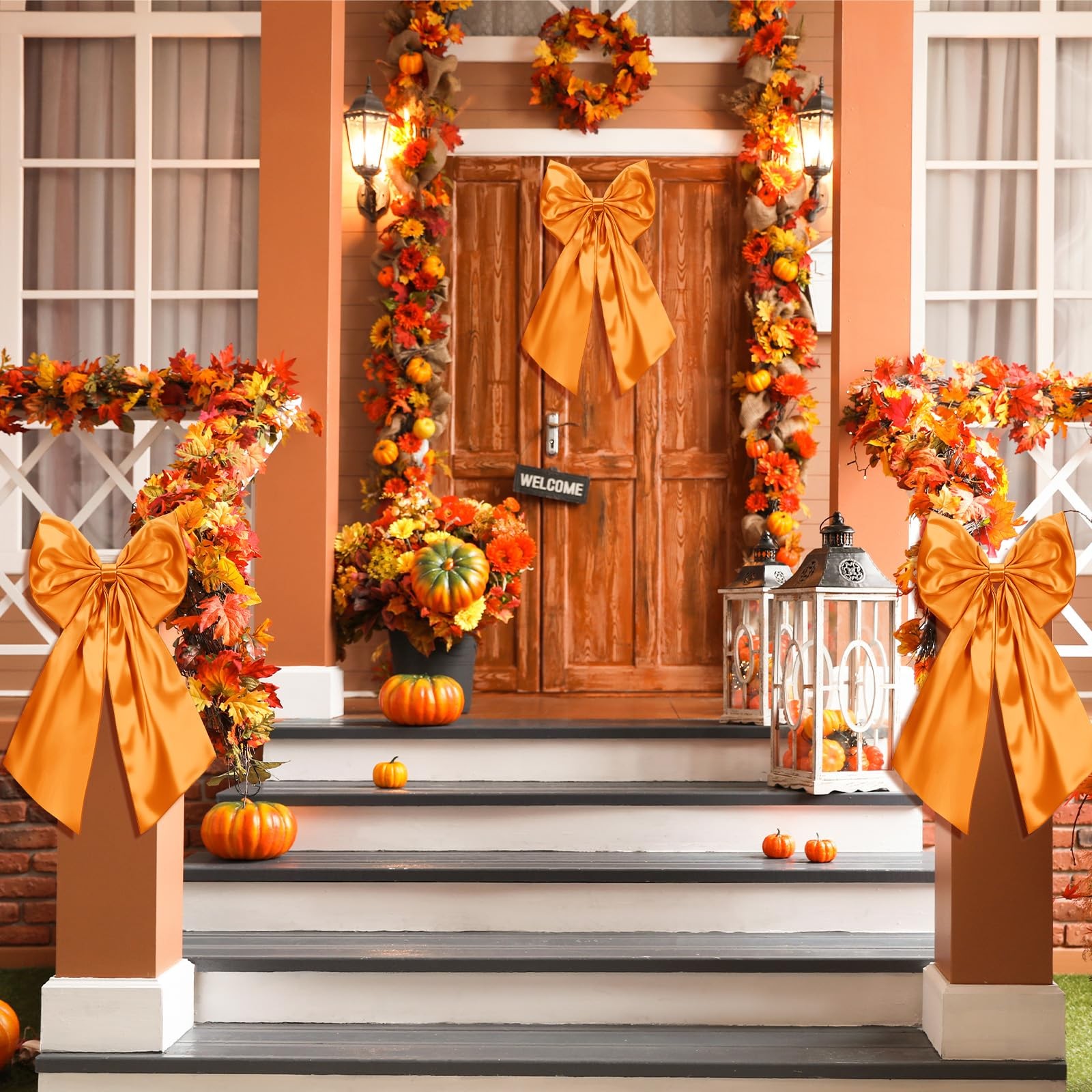3 PCS 2 FT Large Thanksgiving Fall Bows Decorations Big Orange Satin