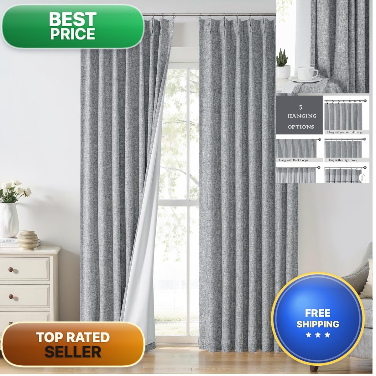 Central Park Pinch Pleated Full Blackout Curtain Panels Linen Texture Thermal