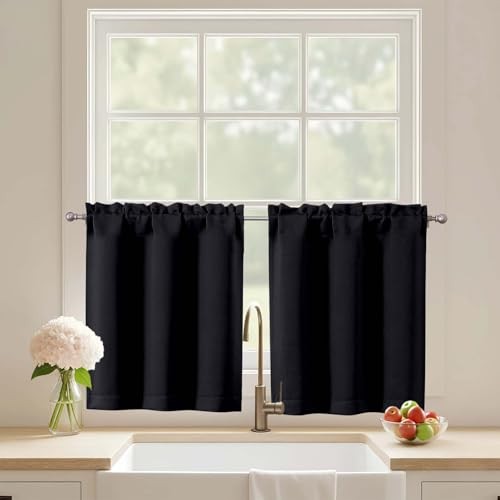 24″ Black Cafe Curtains – Light Blocking 30″W x 24″L – Pack of 2