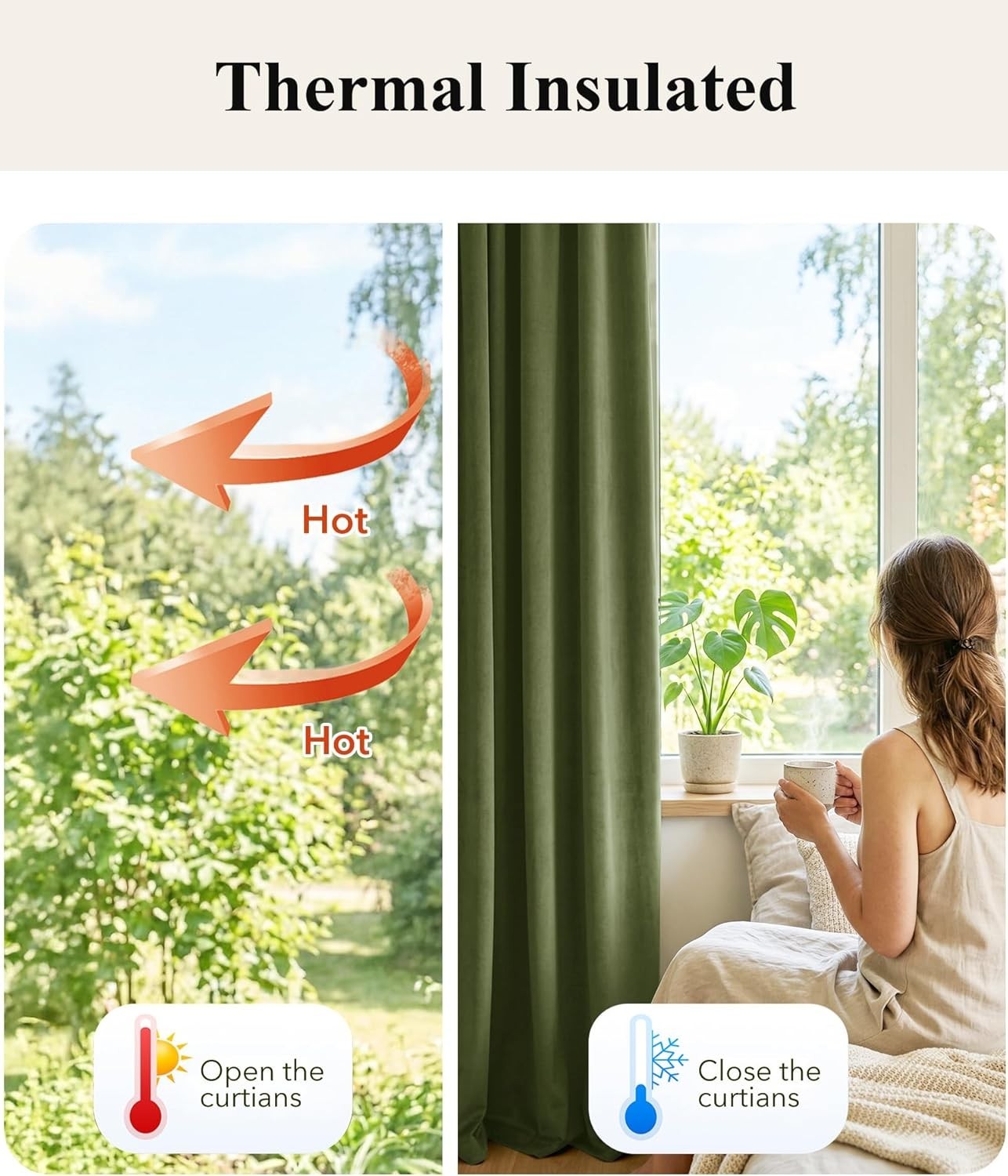 Moss Green Velvet Blackout Curtains 52×108 2 Panels Thermal Drapes