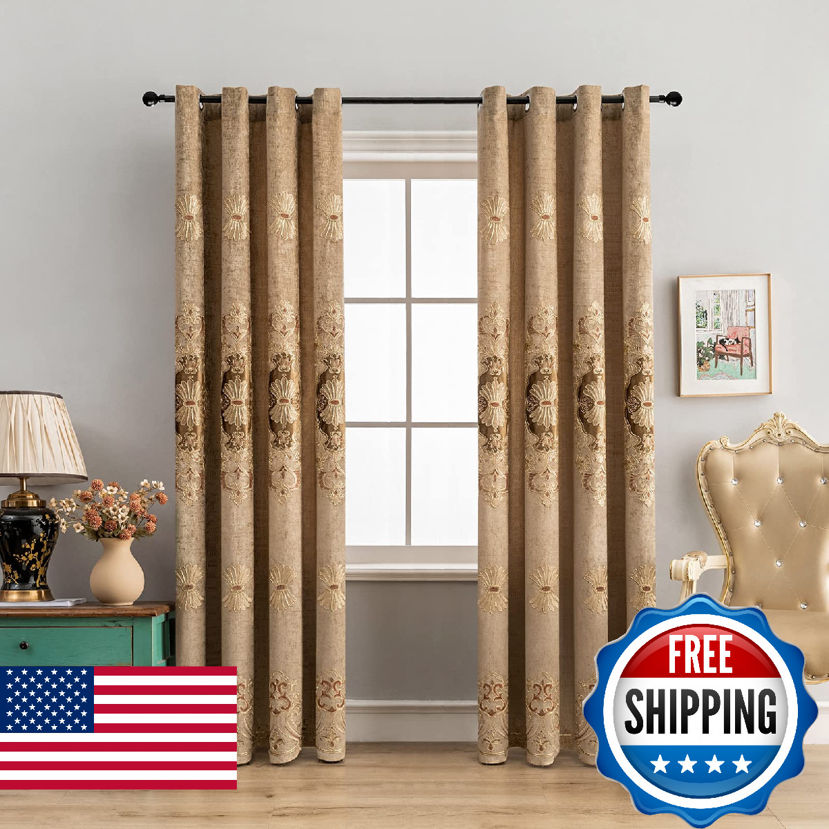 Elkca Coffee Chenille Curtain Classical Embroidered Pattern For Living Room