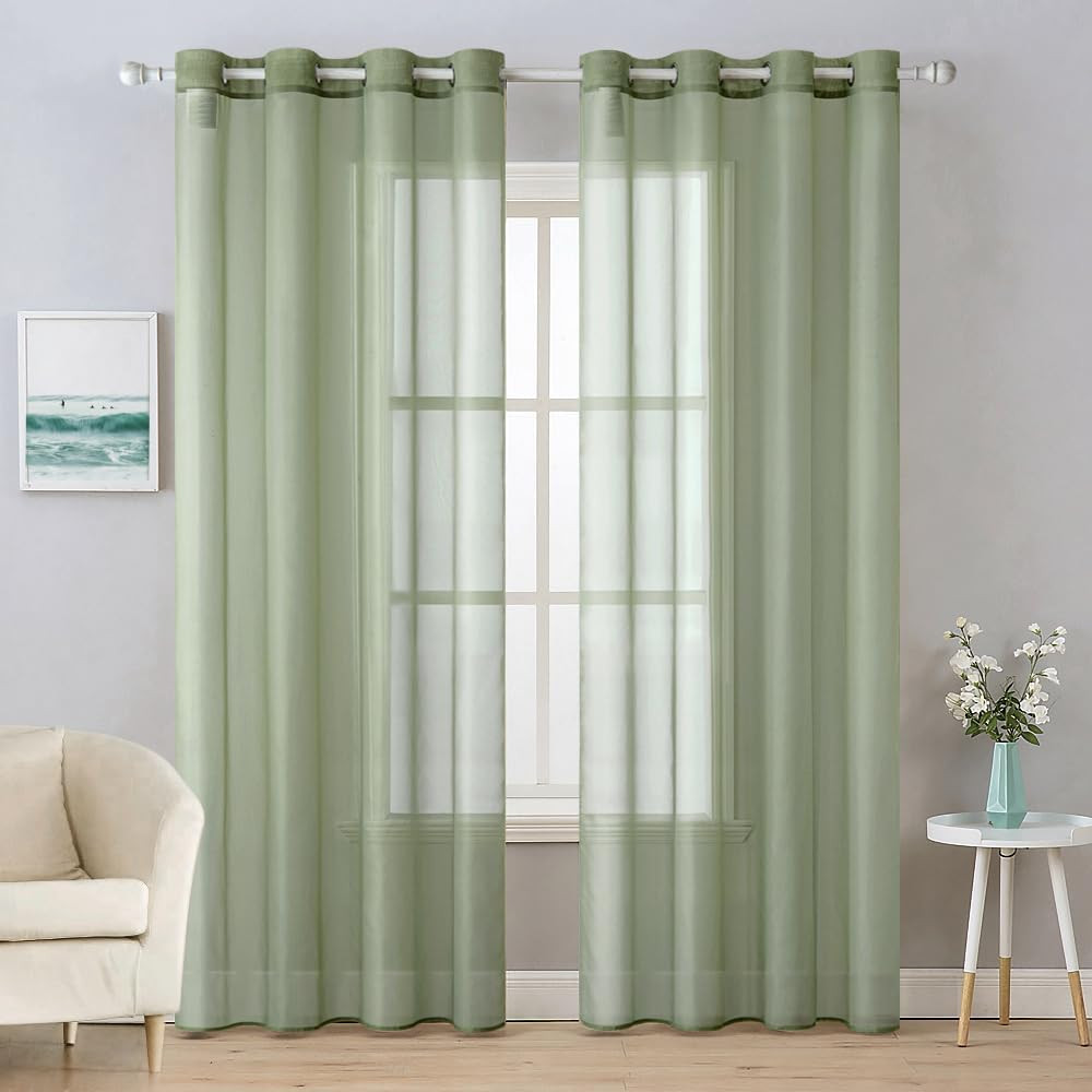 Solid Color Sheer Curtains 72 Inches Long 2 Panels Set – Elegant Lightweight Gro
