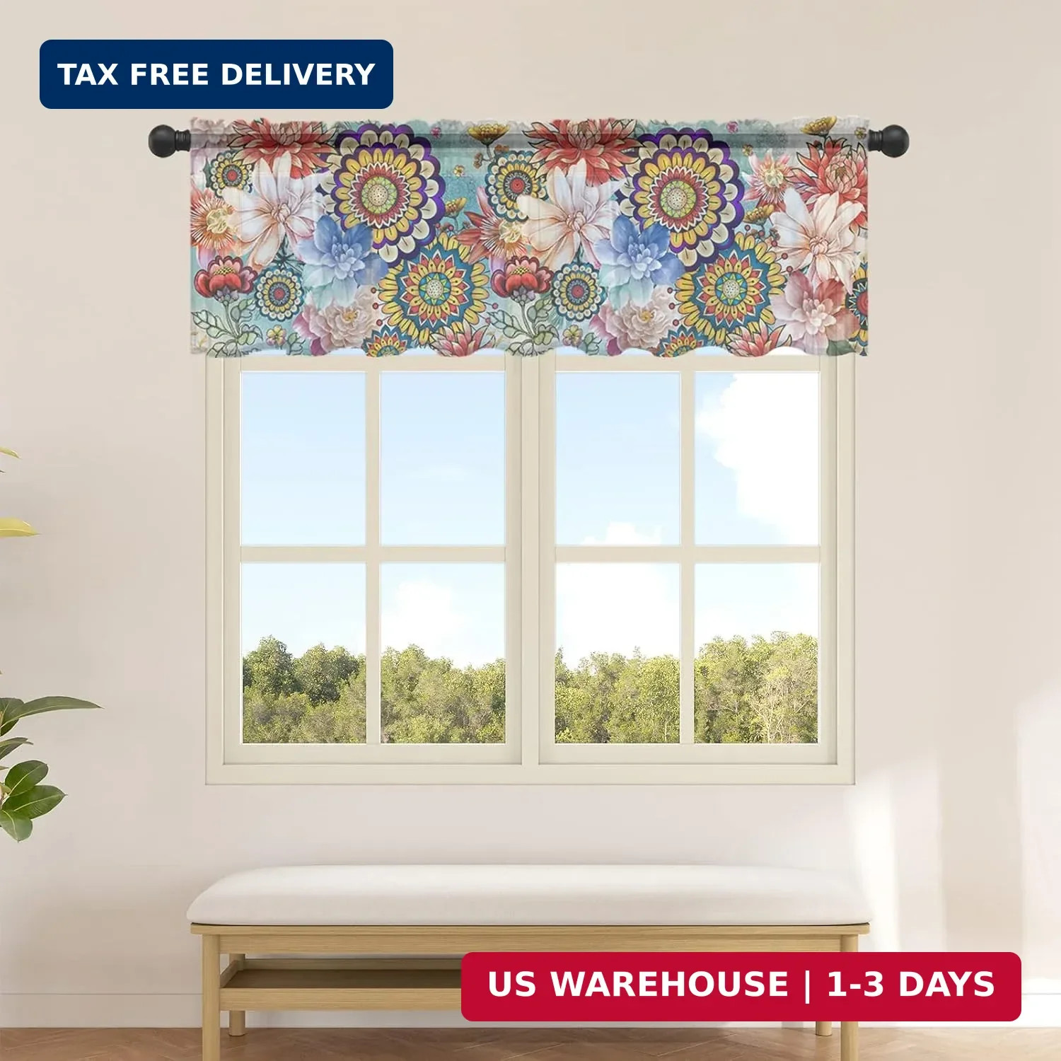Boho Flowers Valance Curtains for Kitchen/Living Room/Bathroom/Bedroom Window, C