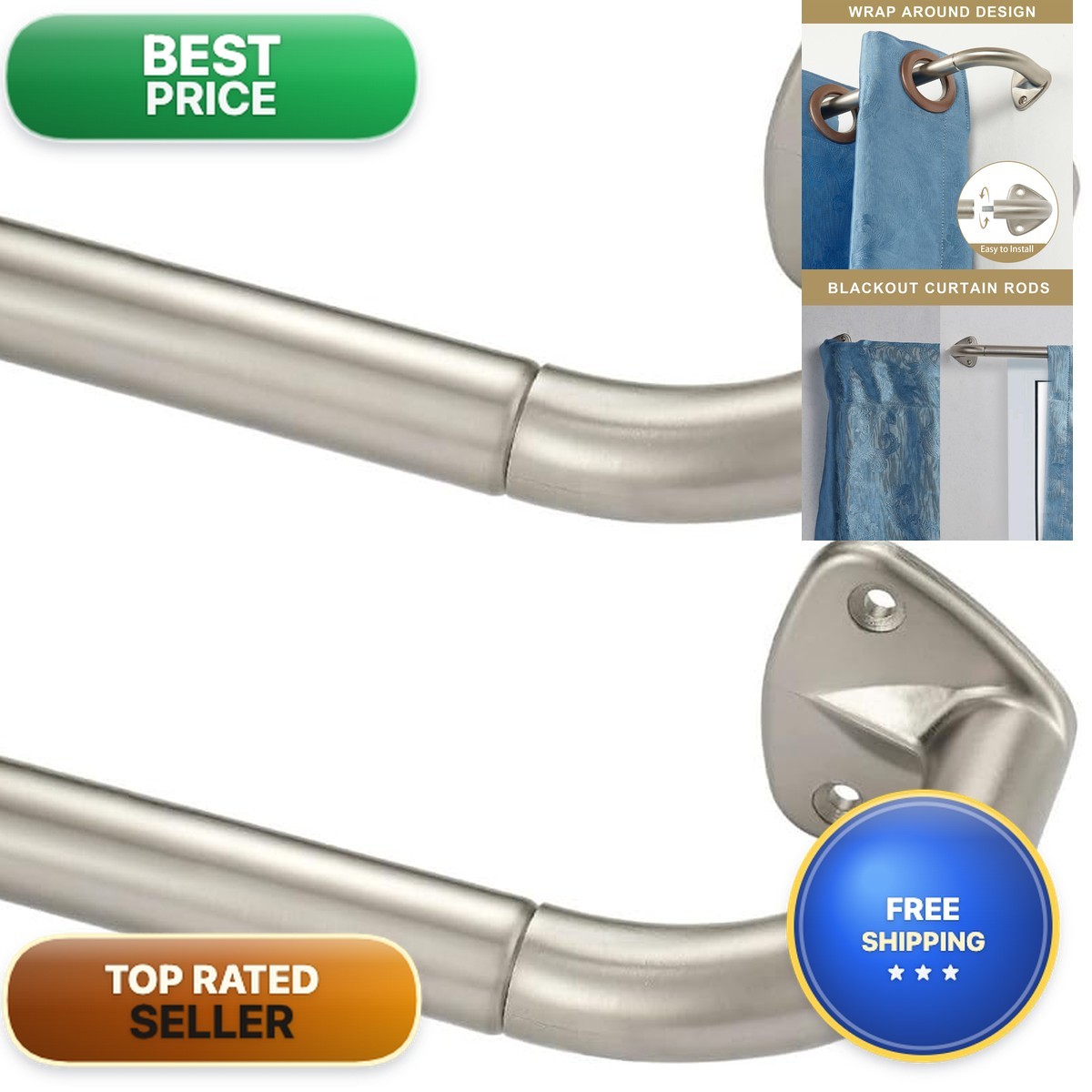 Yun Nephele Brushed Nickel 2 Pack Curtain Rods 48-84 Wrap Around Room Darkening