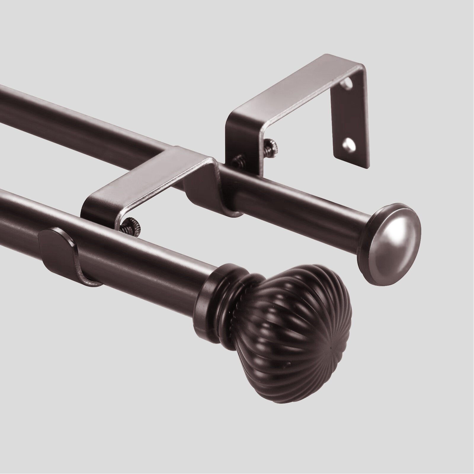 5/8″ Double Curtain Rod Set, Fluted Ball Finial, 28″-48″/ 48″-84″/ 84″-120″