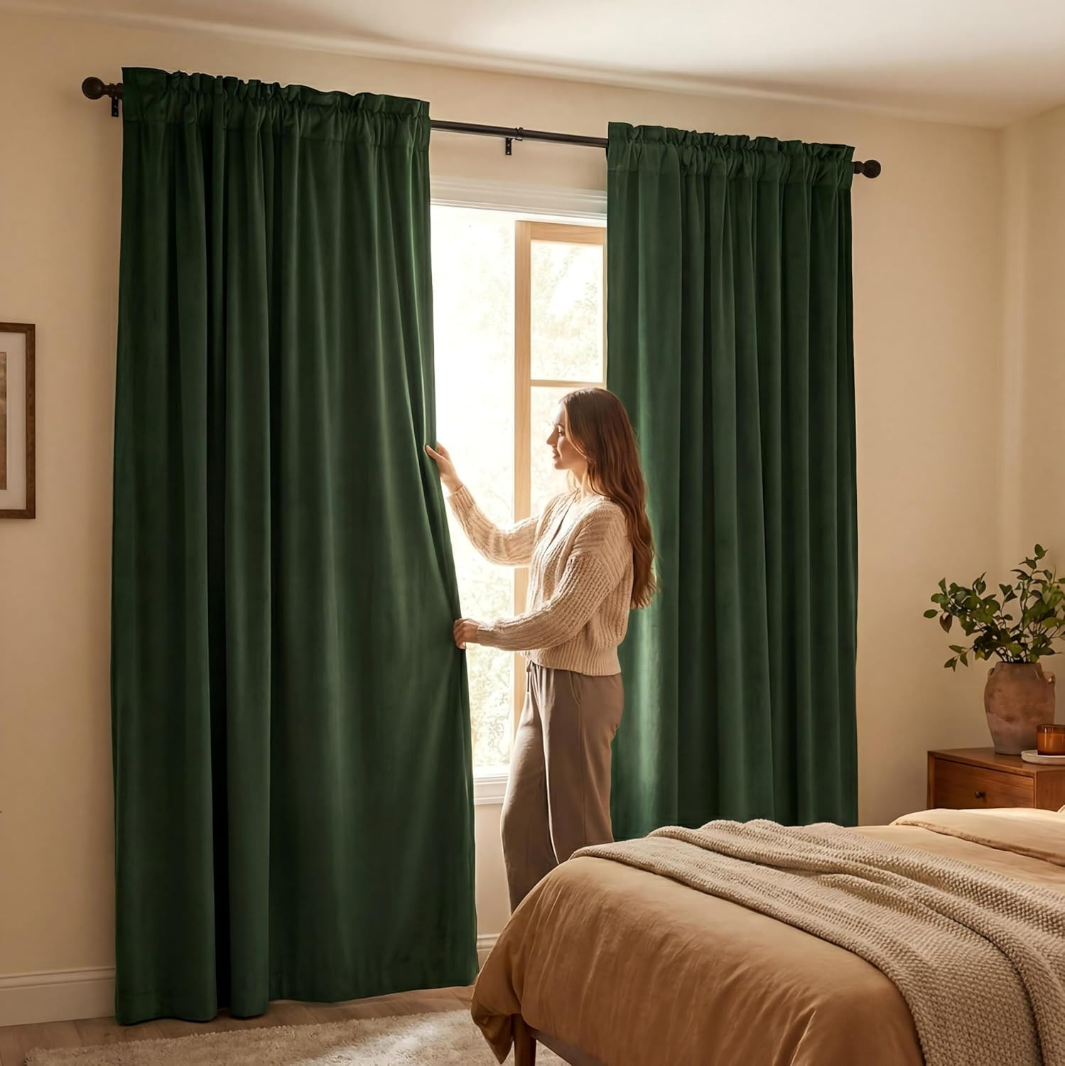 Dark Olive Green Velvet 100 Blackout Curtains 84 Inches Long, Forest G..