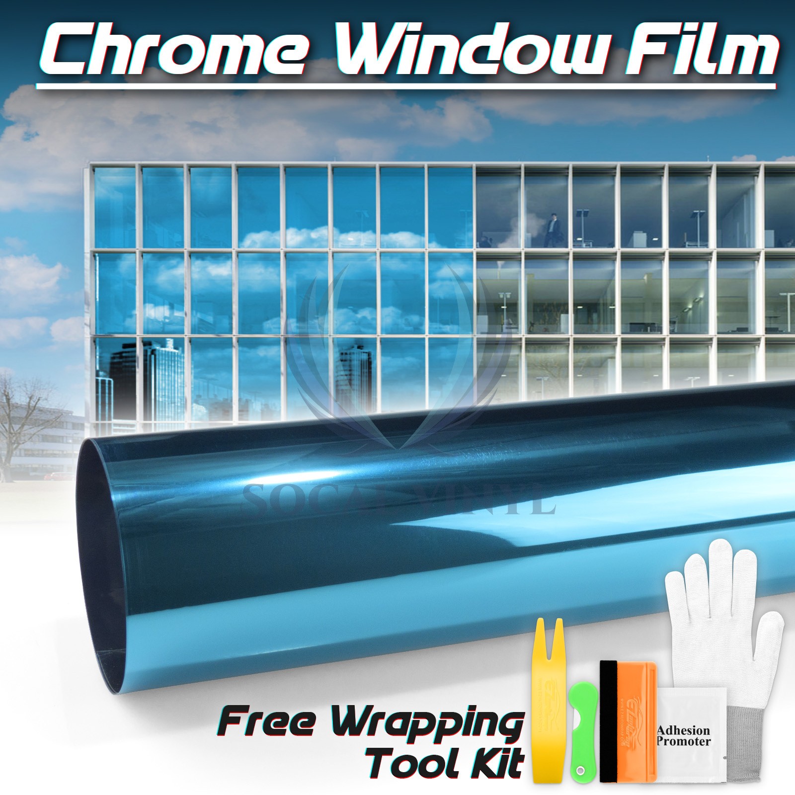 Sky Blue Chrome Window Tint One Way Mirror Film UV Heat Reflective Home Office