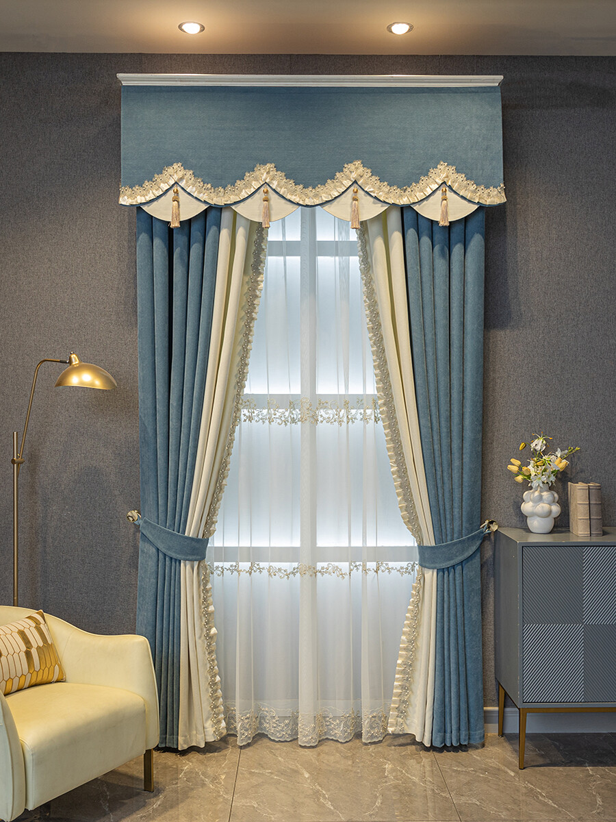 Custom modern simple advanced blue chenille cloth curtain valance drape C1522