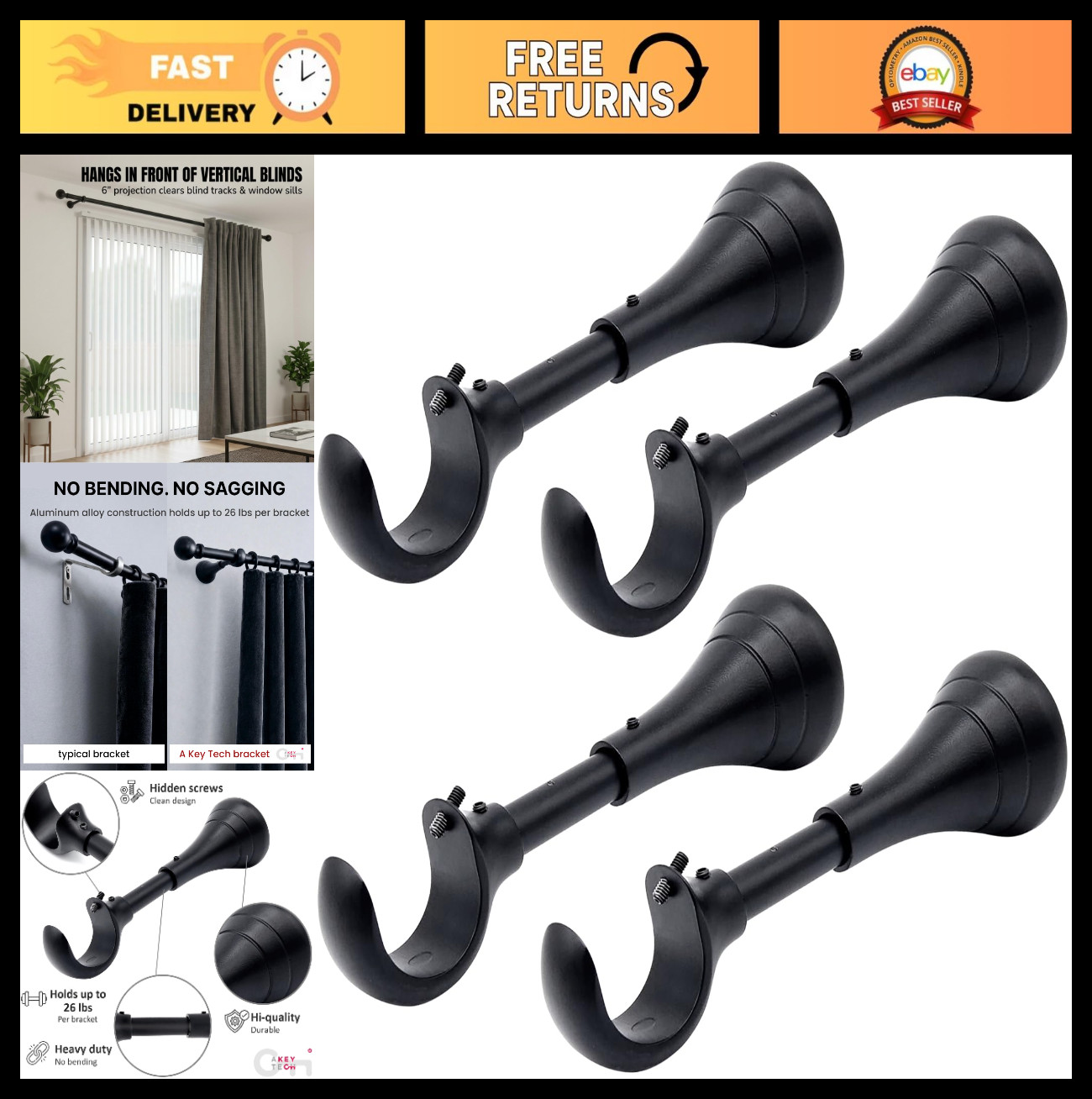 Heavy Duty Adjustable Curtain Rod Brackets – 6″ Extra Long Wall Mount Set of 4 f