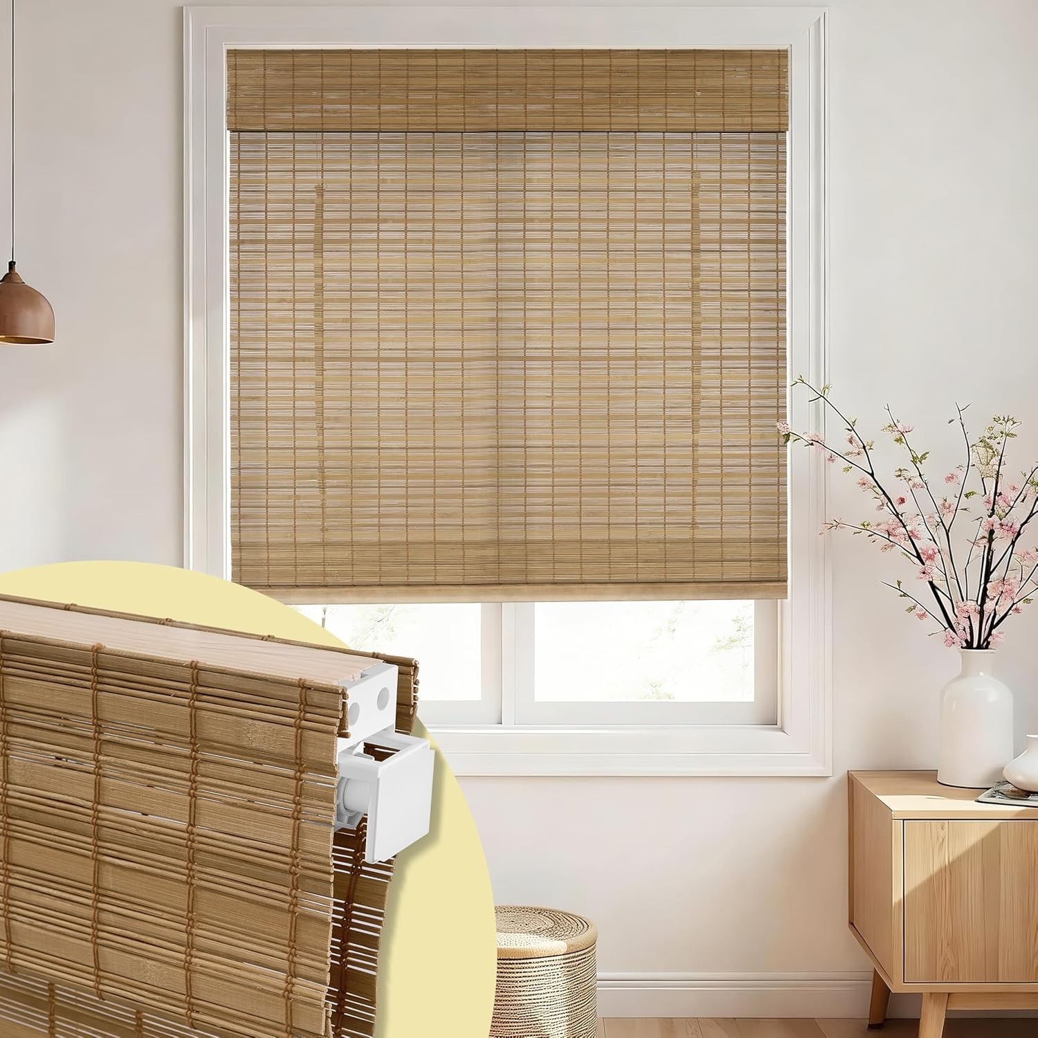 No Drill No Tools Bamboo Roman Shades, Cordless Light Filtering Window Blinds…