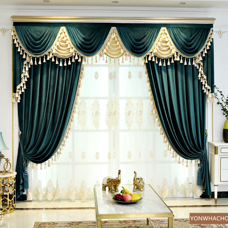luxury flannel villa blue velvet cloth blackout curtain tulle valance drape B739