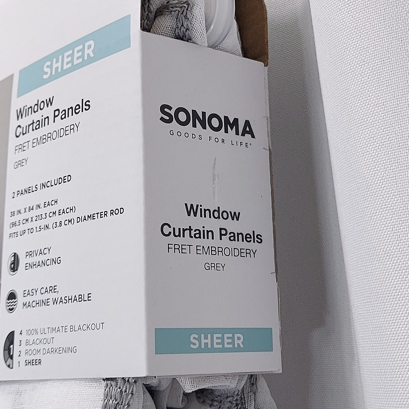 Sonoma 2 Sheer Window Curtain Panels Fret Embroidery Lattice White Grey 84″ Long