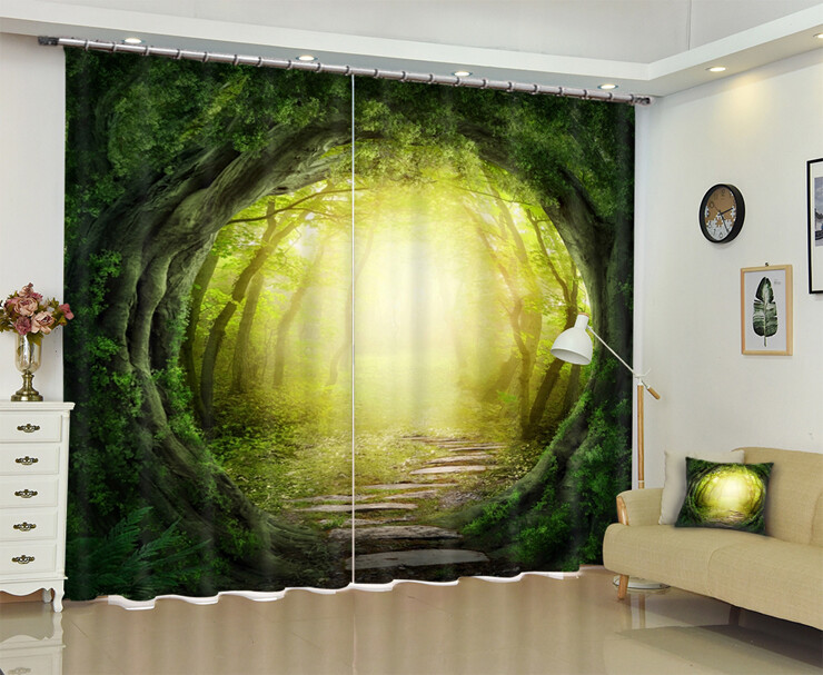 Dreamy Green Forest Path 3D Blackout Curtain 2 Panels Drapes Window Curtains