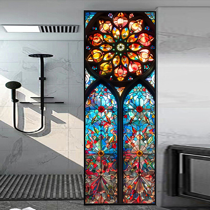 1PC New Vintage Church Printed Stained Glass Window Film Self Adhesive Stickers