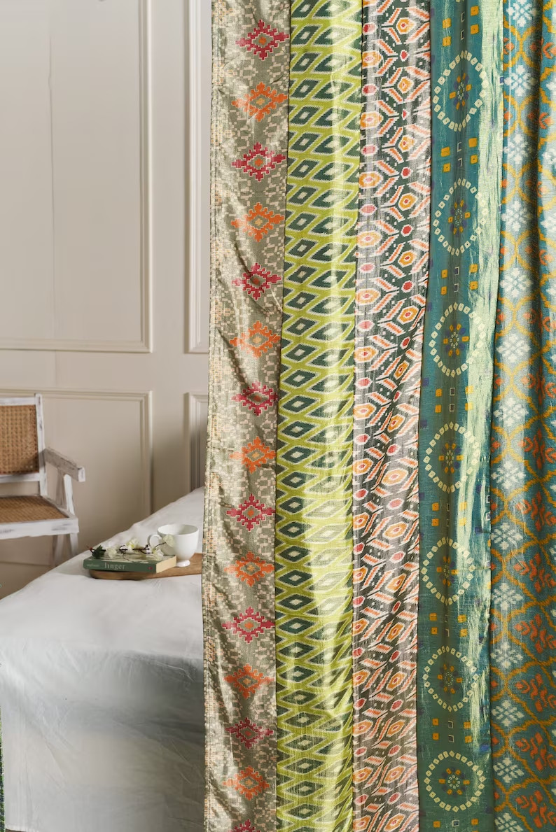 2 Pcs Indian Sari Patchwork Curtain Drape Window Decor Green Silk Sari Curtain