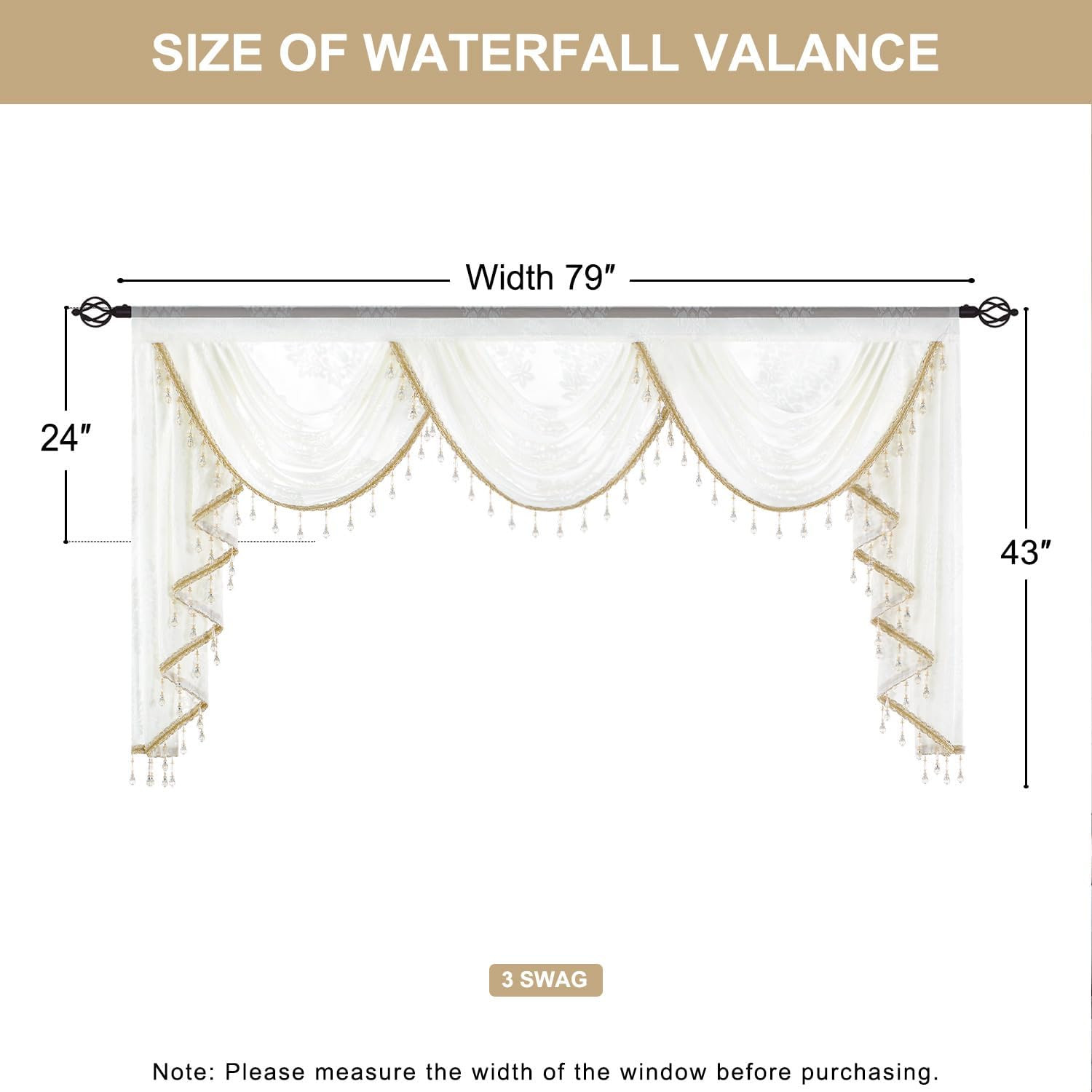Elegant Extra Wide Waterfall Valance with Beaded Tassels, 79″ W X 43″ L