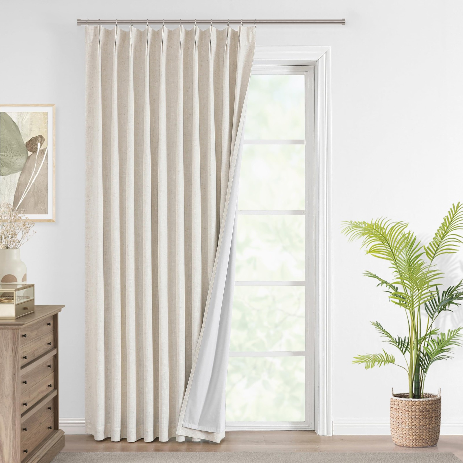 Natural Pinch Pleated Full Blackout Curtains Linen Blended Room Darkening Win…