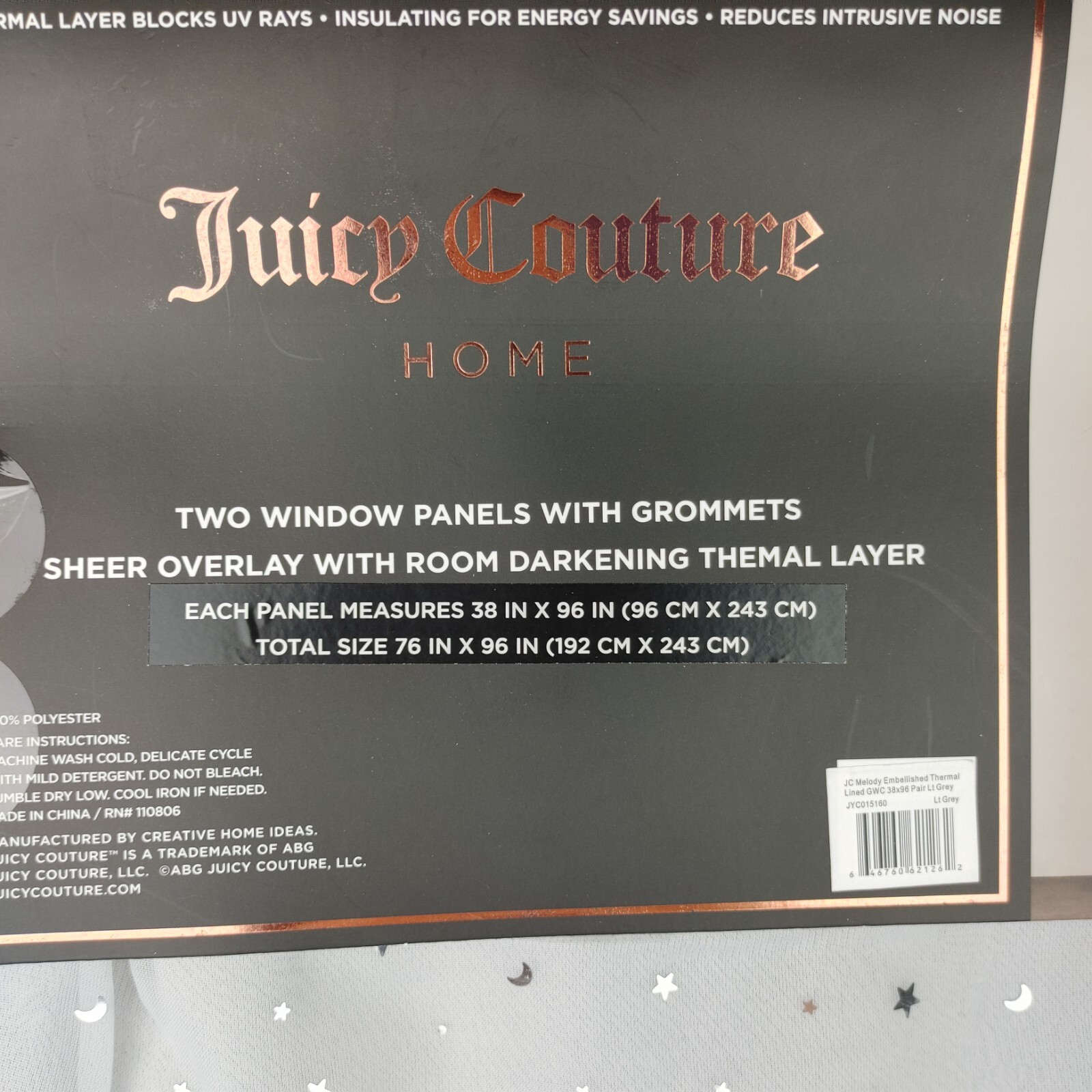Juicy Couture Melody Night Star, 2-Pack Room Darkening Curtains, Gray & Silver