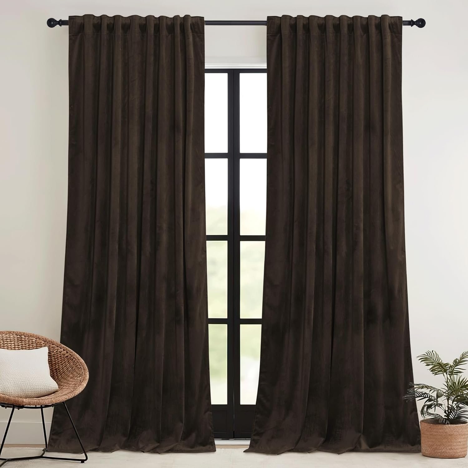 RYB HOME Brown Blackout Curtains 96 inches Long Velvet, Room Darkening Thermal I