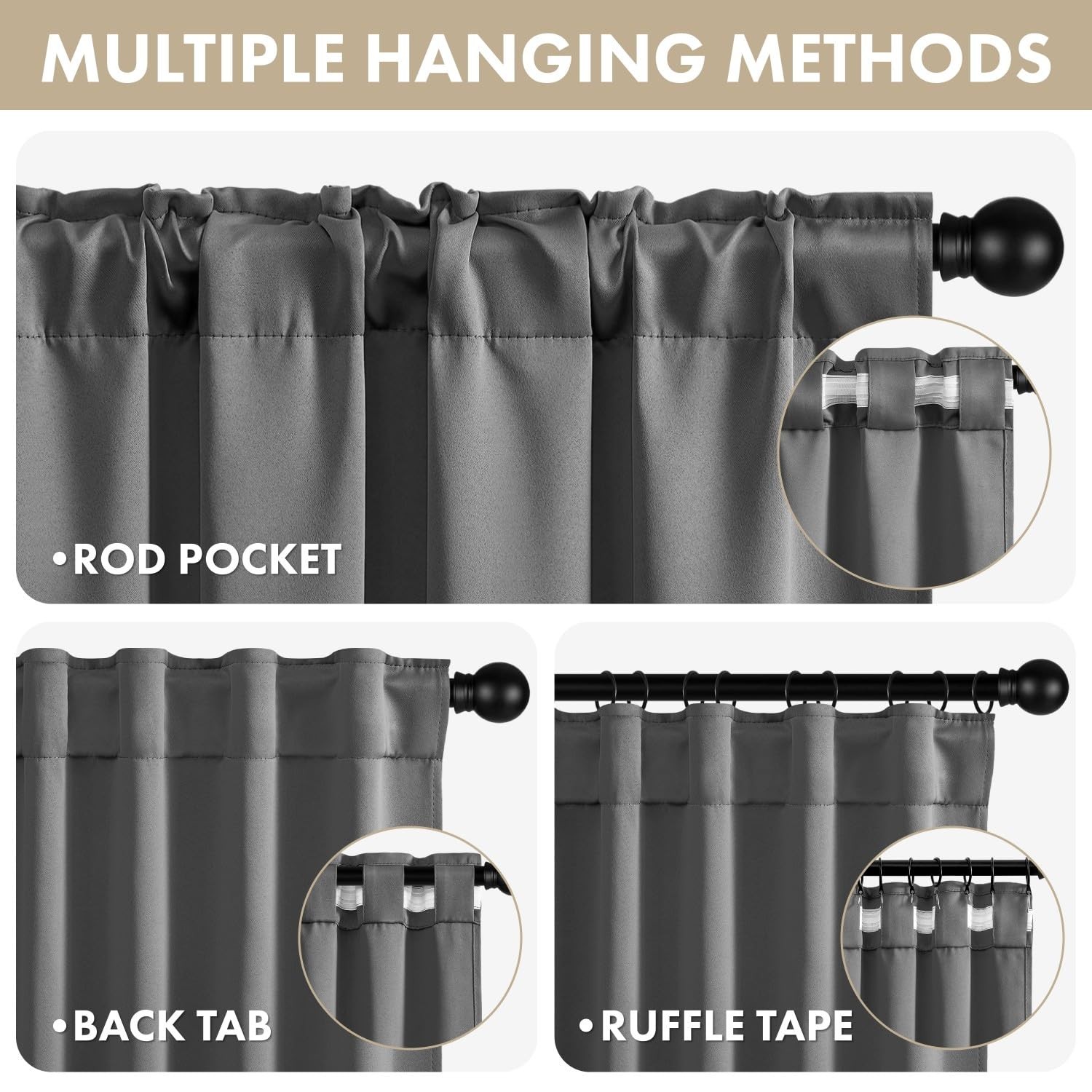 Rod Pocket and Back Tab Pleated Blackout Curtains Grey Curtains 84 Inches Lon…