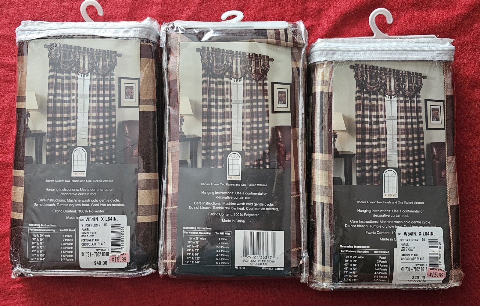 918 NYC Fortune Plaid Curtain Panels Lot 3 Brown Chocolate 54×84 NOS Rustic