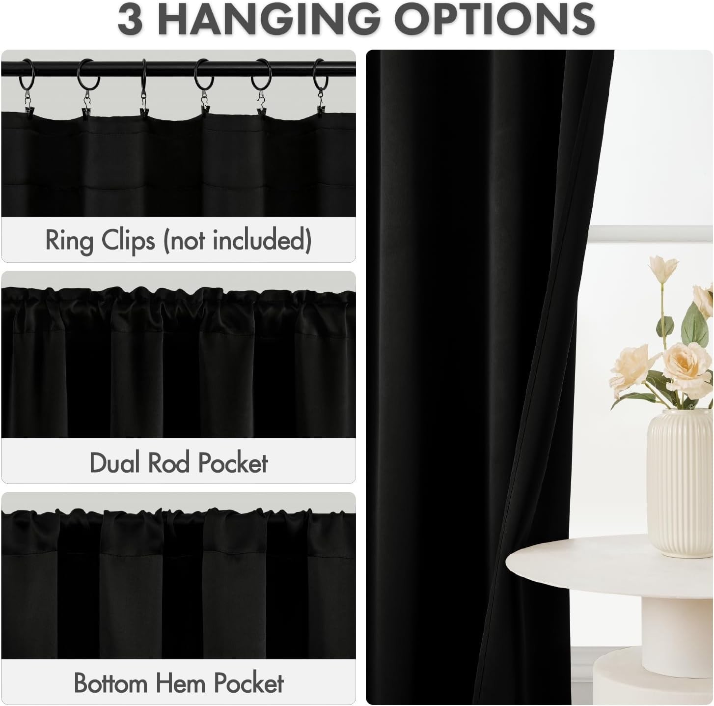 Blackout Curtains 4 Panels Sets Black 63 Inch Length, Top and Bottom Rod Pock…