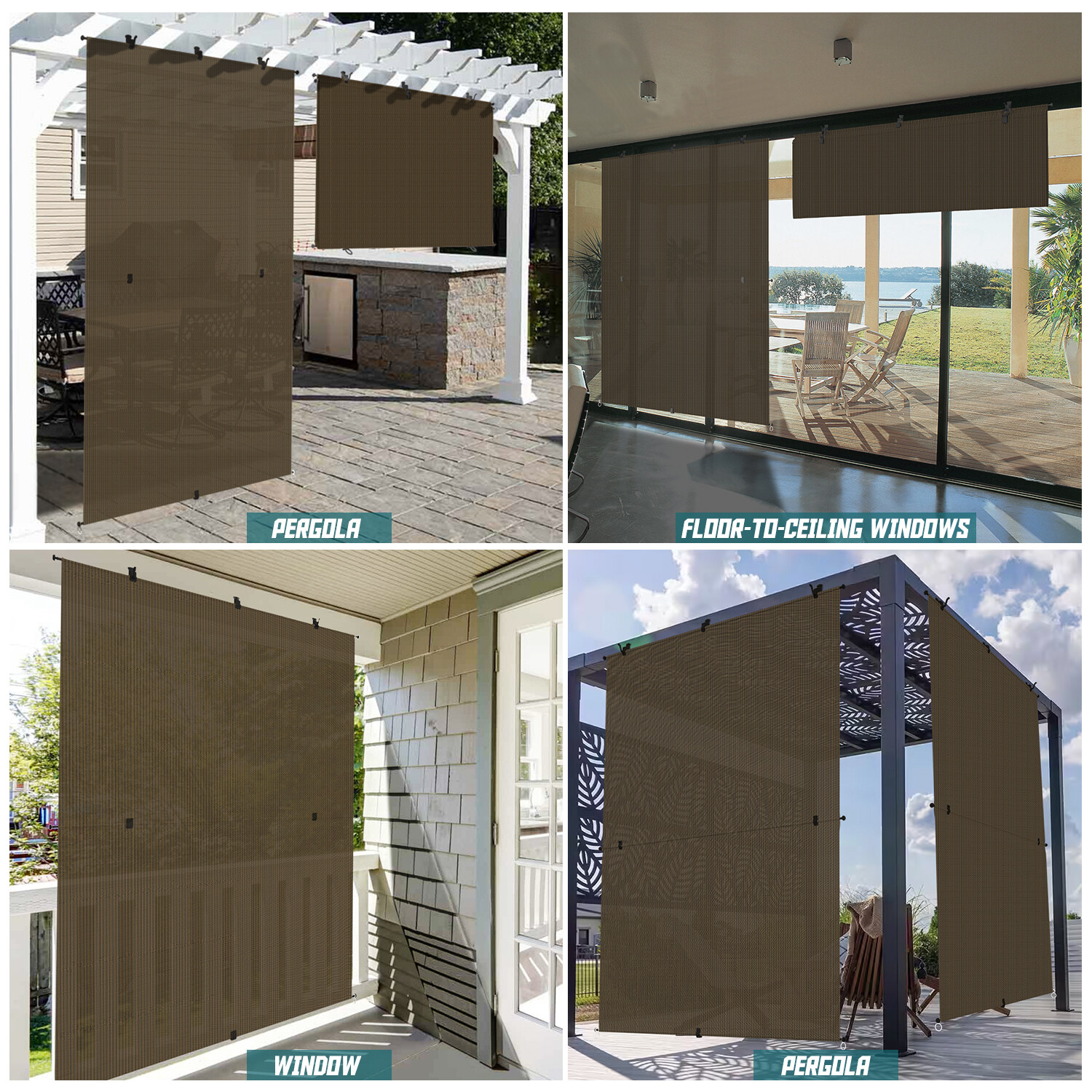 Brown Foldable Roller Sunshade Cordless Curtain for Windows Patio Porch Gazebo