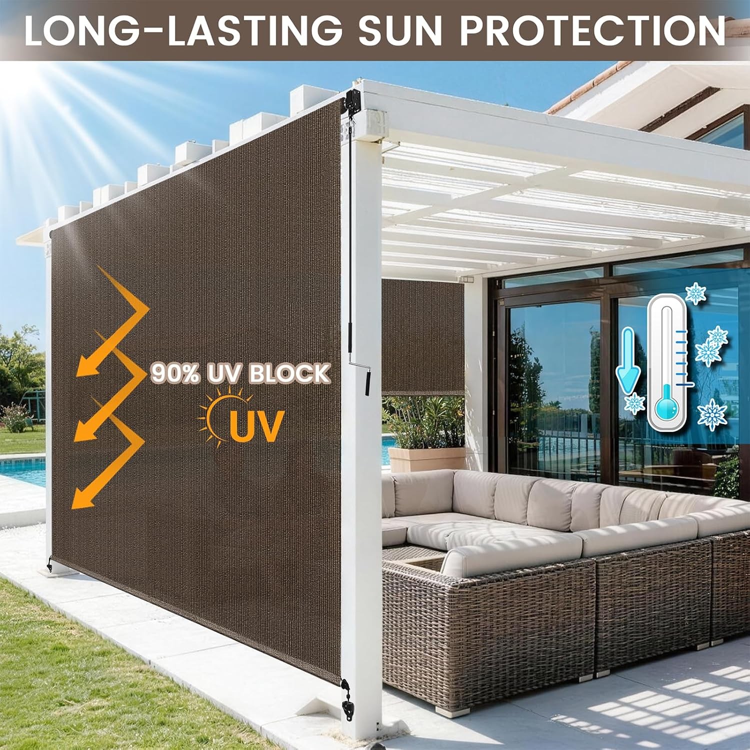Outdoor Roller Shades for Patio, Mocha 10′ W x 8′ H Cordless Patio Shades Roll