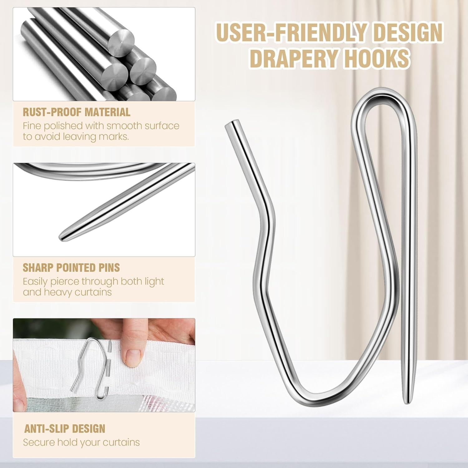 1.25IN Curtain Hooks for Drapes, 58PCS Rustproof Metal Drapery Hooks Pins fo…