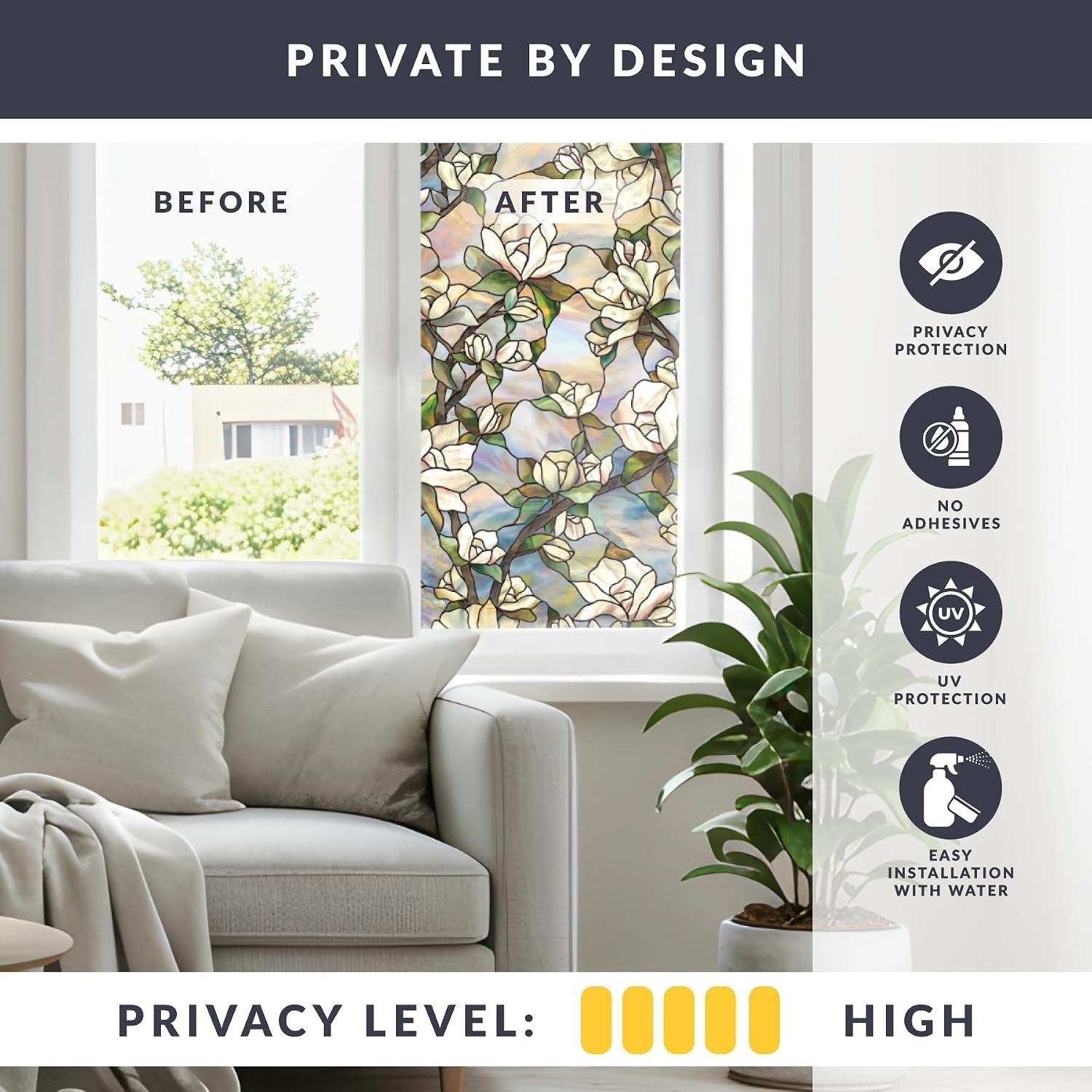 Star Magnolia Privacy Window Film W/ Vibrant Colored Pattern Non-Adhesive & UV