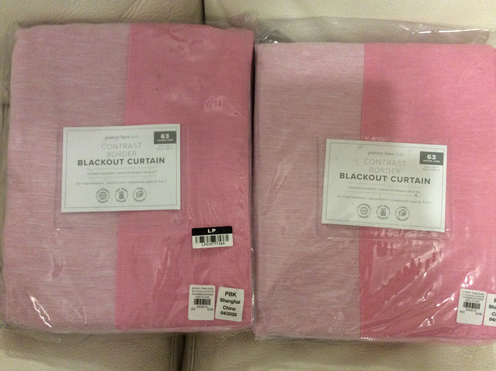 Pottery Barn Kids Two (2) Contrast Border Blackout Curtains Panels 44×63 Pink