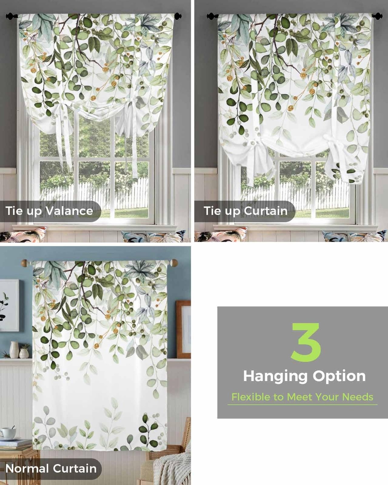 Sage Green Leaves Kitchen Window Shades Tie Up Curtains, Rustic Leaf Branches…