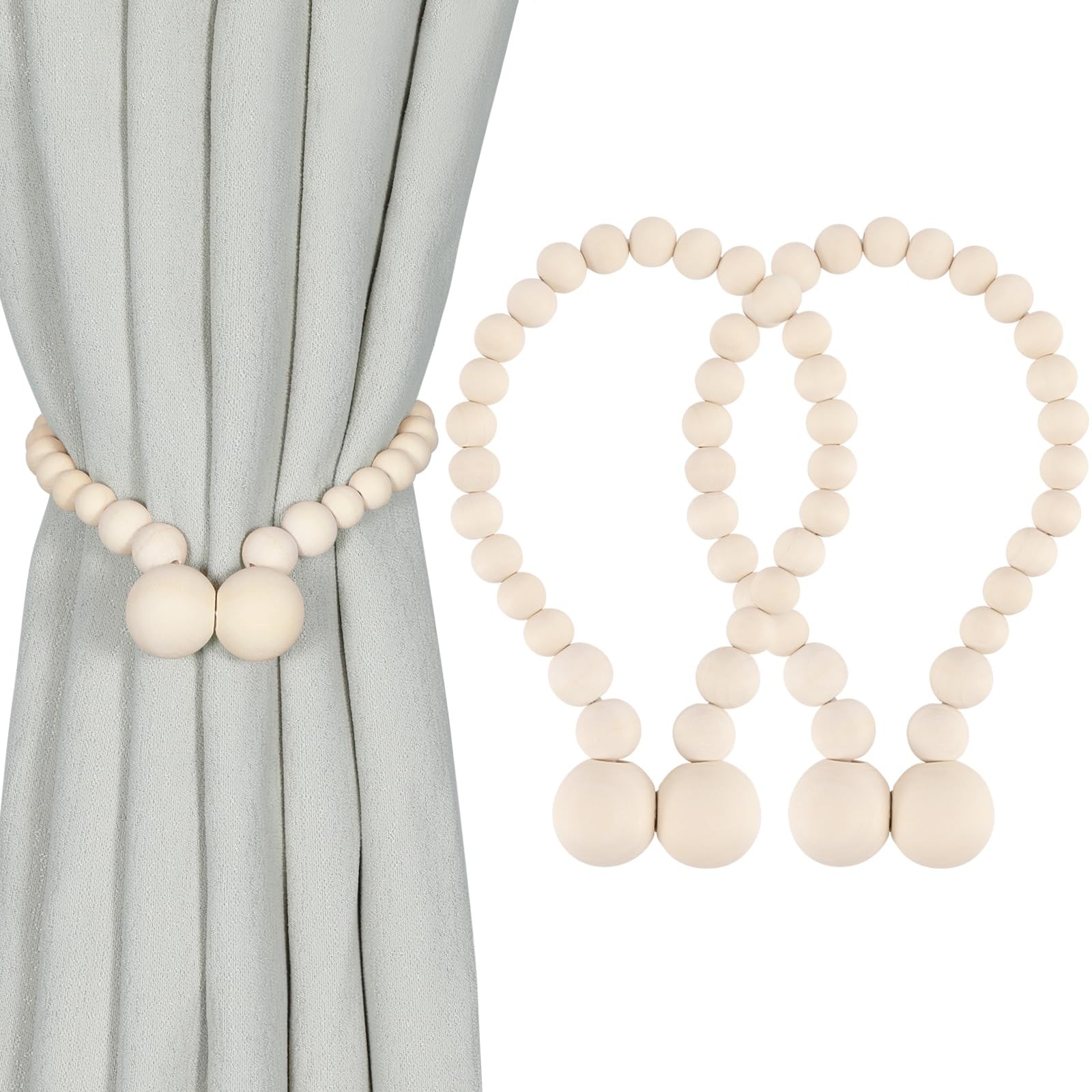 Magnetic Curtain Holders, Natural Wood Beads, Boho Decor, White
